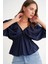 4703 Kadın V Yaka Lastikli Modal Bluz Lacivert 3
