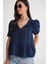 4715 Kadın Yakası Bağlamalı Kısa Kol Müslin Bluz Lacivert 4