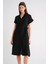 3972 Kadın Kemerli Kısa Kol Gömlek Yaka Midi Elbise Siyah 4