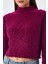 6855 Kadın Dik Yaka Saç Örgülü Triko Kazak Mor 4