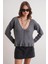 6954 Kadın Fırfır Detaylı V Yaka Triko Kazak Antrasit 3