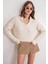 6896 Kadın Örgü Detaylı Crop Triko Kazak Naturel 1