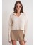 6896 Kadın Örgü Detaylı Crop Triko Kazak Naturel 3