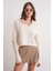 6896 Kadın Örgü Detaylı Crop Triko Kazak Naturel 4