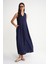 4700 Kadın V Yaka Önü Pileli Elbise Lacivert 2