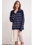 6944 Kadın Salaş Yumuşak Dokulu Çizgili Triko Kazak Lacivert 1