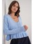 6954 Kadın Fırfır Detaylı V Yaka Triko Kazak Bebe Mavi 3