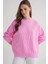 6947 Kadın Kendinden Desenli Oversize Triko Kazak Pembe 2