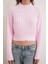 6893 Kadın Saç Örgülü Sakallı Crop Triko Kazak Pembe 4