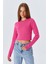 6727 Kadın Bisiklet Yaka Crop Triko Kazak Fuşya 2