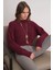 6893 Kadın Saç Örgülü Sakallı Crop Triko Kazak Bordo 3