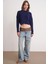 6893 Kadın Saç Örgülü Sakallı Crop Triko Kazak Lacivert 2