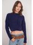 6893 Kadın Saç Örgülü Sakallı Crop Triko Kazak Lacivert 4