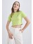 Kadın Yeşil Fitted Bisiklet Yaka Düz Basic Pamuklu Kısa Kollu Tişört B0688AXNS 11