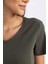 Kadın Haki Slim Fit Dar Kesim V Yaka Düz Basic %100 Pamuk Kısa Kollu Tişört B0647AXNS 13