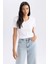 Kadın Beyaz Slim Fit Dar Kesim V Yaka Düz Basic %100 Pamuk Kısa Kollu Tişört B0647AXNS 9