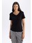 Kadın Siyah Slim Fit Dar Kesim V Yaka Düz Basic %100 Pamuk Kısa Kollu Tişört B0647AXNS 8
