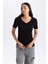Kadın Siyah Slim Fit Dar Kesim V Yaka Düz Basic %100 Pamuk Kısa Kollu Tişört B0647AXNS 10