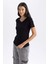 Kadın Siyah Slim Fit Dar Kesim V Yaka Düz Basic %100 Pamuk Kısa Kollu Tişört B0647AXNS 12