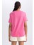 Kadın Pembe Regular Fit Düz Kesim Bisiklet Yaka Düz Basic %100 Pamuk Kısa Kollu Tişört B0642AXNS 14