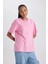 Kadın Pembe Oversize Fit Geniş Kesim Bisiklet Yaka Basic Düz %100 Pamuk Kısa Kollu Tişört B0648AXNS 11