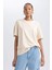 Kadın Bej Oversize Fit Geniş Kesim Bisiklet Yaka Basic Düz %100 Pamuk Kısa Kollu Tişört B0648AXNS 8