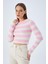 6644 Kadın Bisiklet Yaka Çizgili Kazak Şeker Pembe 2