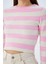 6644 Kadın Bisiklet Yaka Çizgili Kazak Şeker Pembe 5