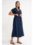 Kadın Denim Elbise V Yaka Düğme Detaylı Keten Midi Klasik Stil Lacivert 3