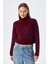 6855 Kadın Dik Yaka Saç Örgülü Triko Kazak Bordo 1
