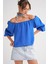 4706 Kadın Sırtı Açık Balon Kol Straplez Bluz Saks Mavi 3
