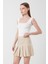 4155 Kadın Zincir Detay Pileli Mini Etek Bej 2