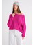 6933 Kadın Kayık Yaka Ince Mevsimlik Triko Kazak Fuşya 4