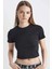 Coool Fitted Ribana Basic Düz Crop Kısa Kollu Siyah Tişört T9631AZ24SM 6