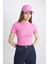 Coool Fitted Ribana Basic Düz Kısa Crop Kollu Pembe Tişört T9631AZ24SM 17