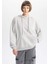 Kadın Gri Oversize Fit Geniş Kesim Polo Yaka Düz Basic Pamuklu Sweatshirt B7834AXNS 11