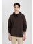 Erkek Kahverengi Oversize Fit Geniş Kesim Basic Düz Pamuklu Kapüşonlu Sweatshirt B7849AXNS 8