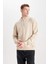 Erkek Bej Oversize Fit Geniş Kesim Basic Düz Pamuklu Kapüşonlu Sweatshirt B7849AXNS 9