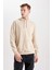 Erkek Bej Oversize Fit Geniş Kesim Basic Düz Pamuklu Kapüşonlu Sweatshirt B7849AXNS 10