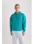Erkek Yeşil Oversize Fit Geniş Kesim Basic Düz Pamuklu Kapüşonlu Sweatshirt B7849AXNS 11