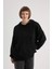 Kadın Siyah Oversize Fit Geniş Kesim Polo Yaka Düz Basic Pamuklu Sweatshirt B7834AXNS 9