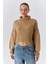 6883 Kadın Fırfır Detay Crop Triko Kazak Camel 5
