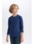 Erkek Çocuk Koyu Mavi Standart Fit Normal Kesim Bisiklet Yaka Basic Düz %100 Pamuk Uzun Kollu Tshirt B7771A8NS 12