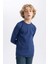 Erkek Çocuk Koyu Mavi Standart Fit Normal Kesim Bisiklet Yaka Basic Düz %100 Pamuk Uzun Kollu Tshirt B7771A8NS 13