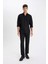 Modern Fit Polo Yaka Petek Dokulu Basic Düz Uzun Kollu Siyah Gömlek B7383AX24SP 8