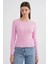 6931 Kadın Düğmeli Fitilli Triko Hırka Pembe 3