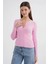 6931 Kadın Düğmeli Fitilli Triko Hırka Pembe 5