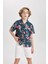 Erkek Çocuk Oversize Geniş Kalıp Desenli Polo Yaka Keten Görünümlü Kısa Kollu Gömlek B8962A824SM 15