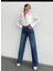 2021 Wide Leg Kadın Likralı Palazzo Kot Denim Pantolon KAPALI MAVİ 4