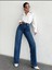 2021 Wide Leg Kadın Likralı Palazzo Kot Denim Pantolon KAPALI MAVİ 3